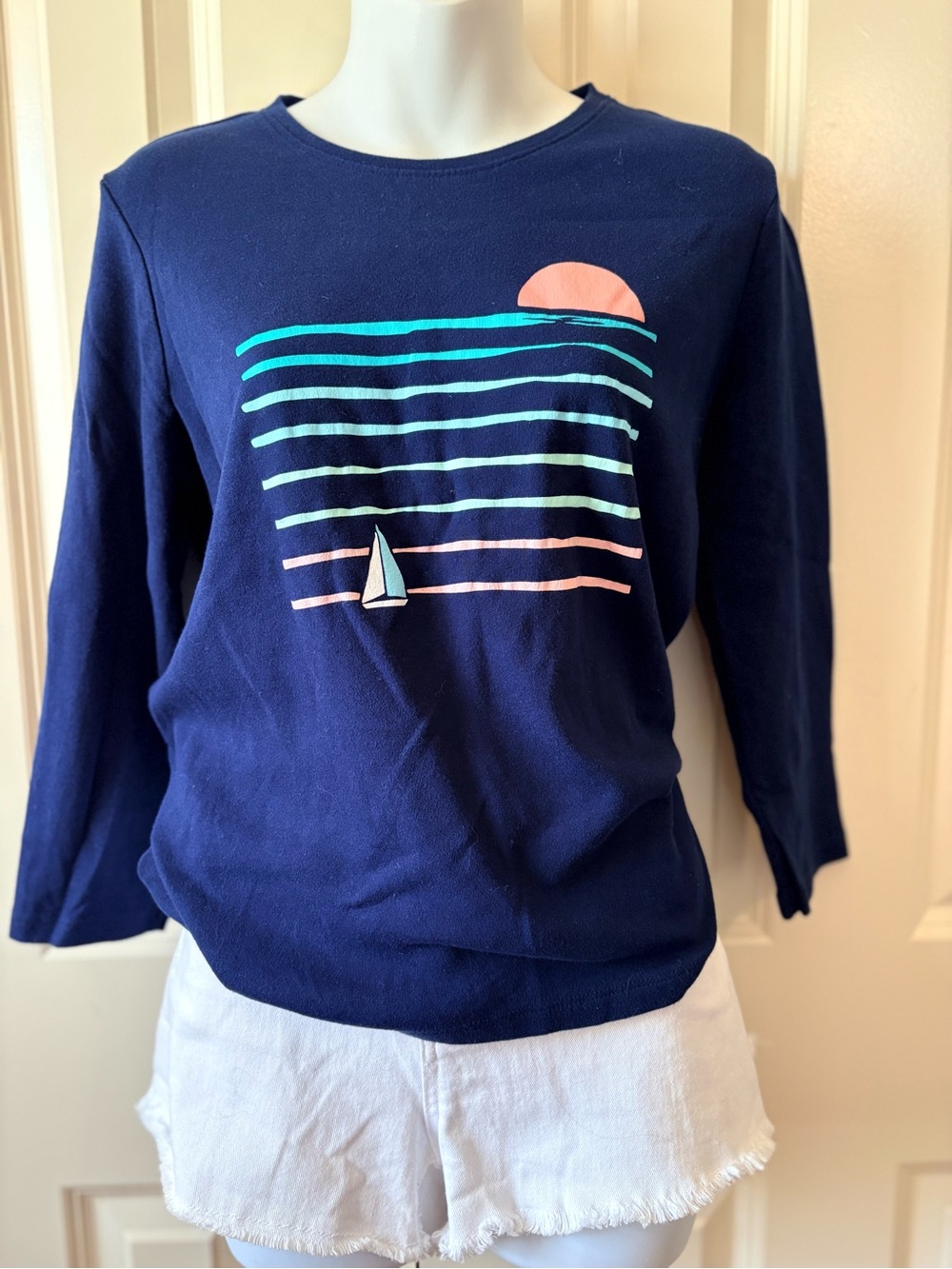 Navy Graphic Sailboat Crewneck Top - Sunset Stripes, 100% cotton, size S